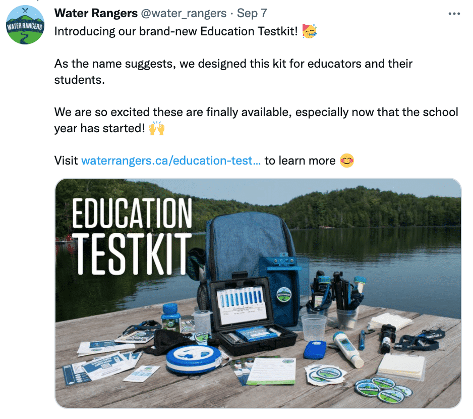 A screenshot of Water Rangers's tweet about their new Education Testkit. 