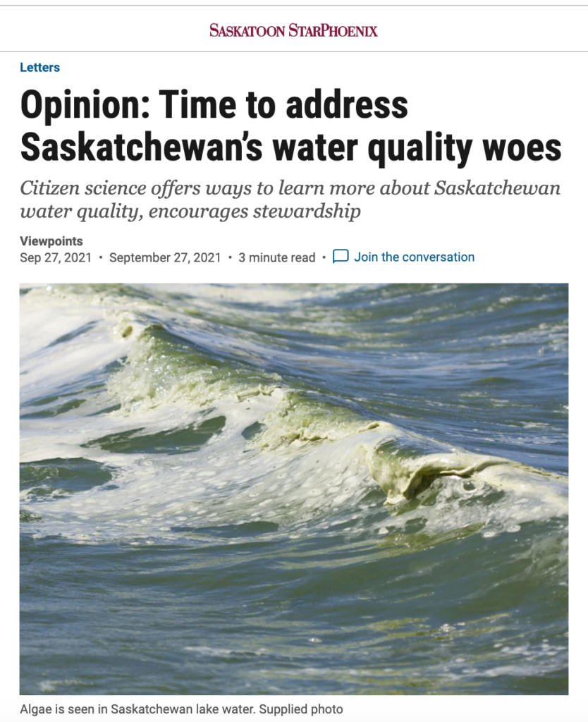 A screenshot of an article about water quality monitoring in the Saskatoon StarPhoenix.