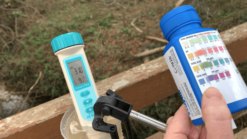 A conductivity meter and a bottle of pH test strips are shown side by side. 